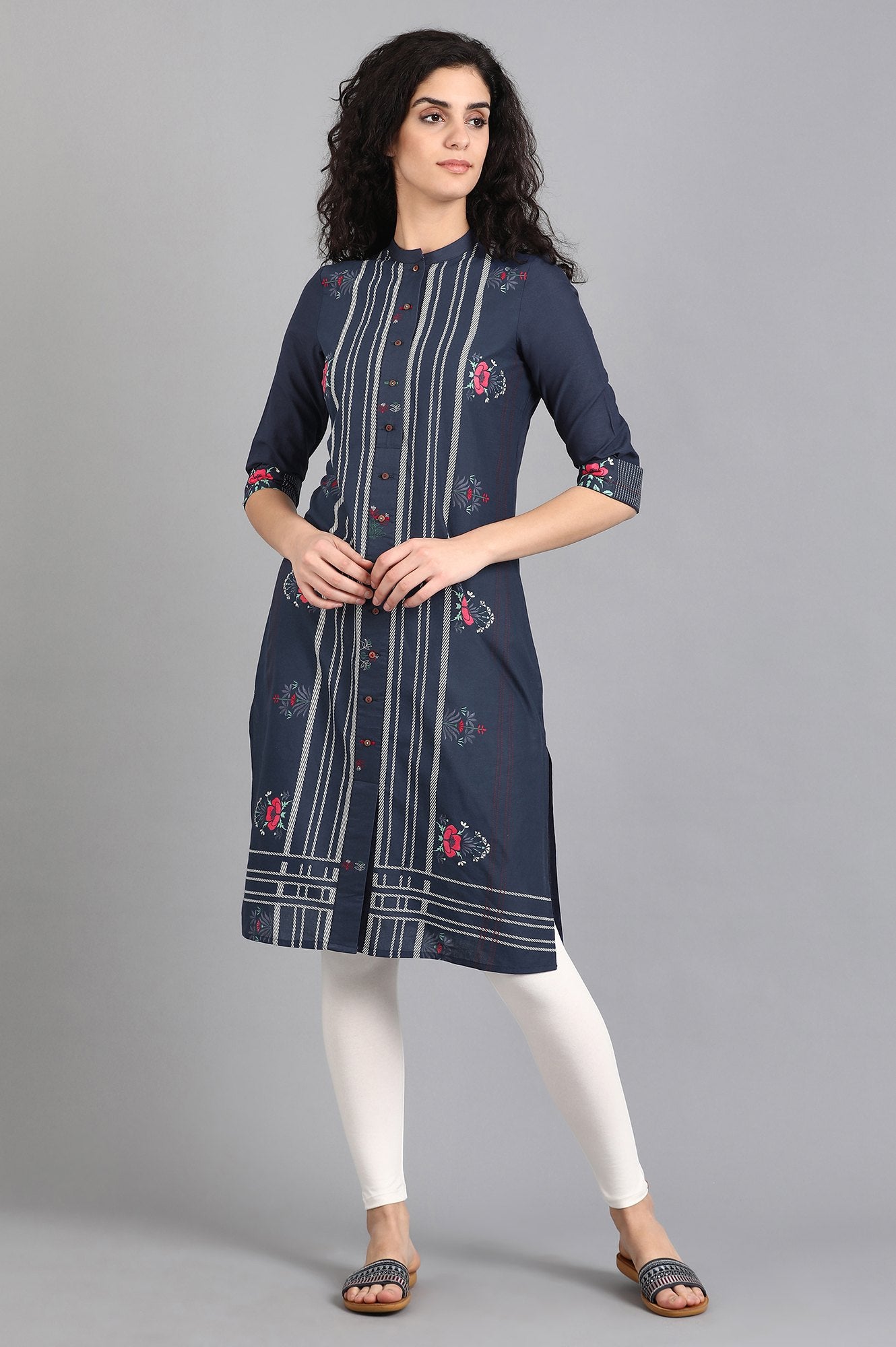 Blue Mandarin Neck Printed kurta