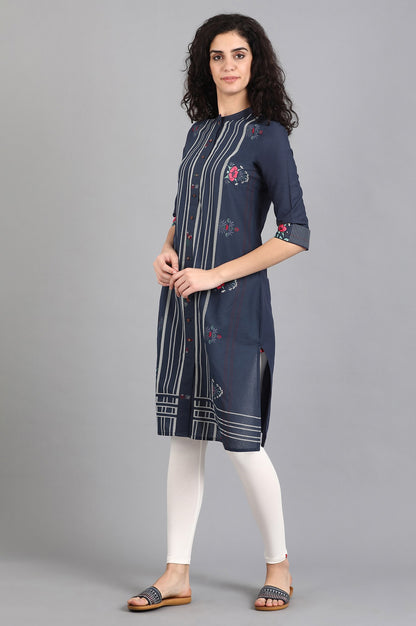 Blue Mandarin Neck Printed kurta