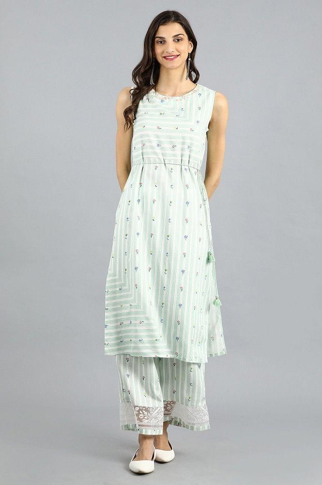 Green Round Neck Printed kurta - wforwoman