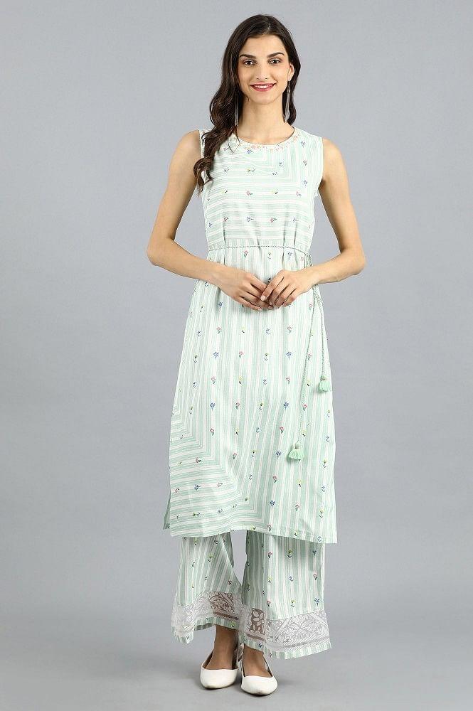 Green Round Neck Printed kurta - wforwoman