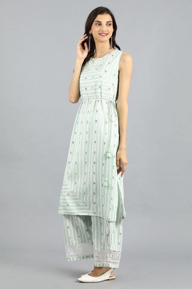 Green Round Neck Printed kurta - wforwoman