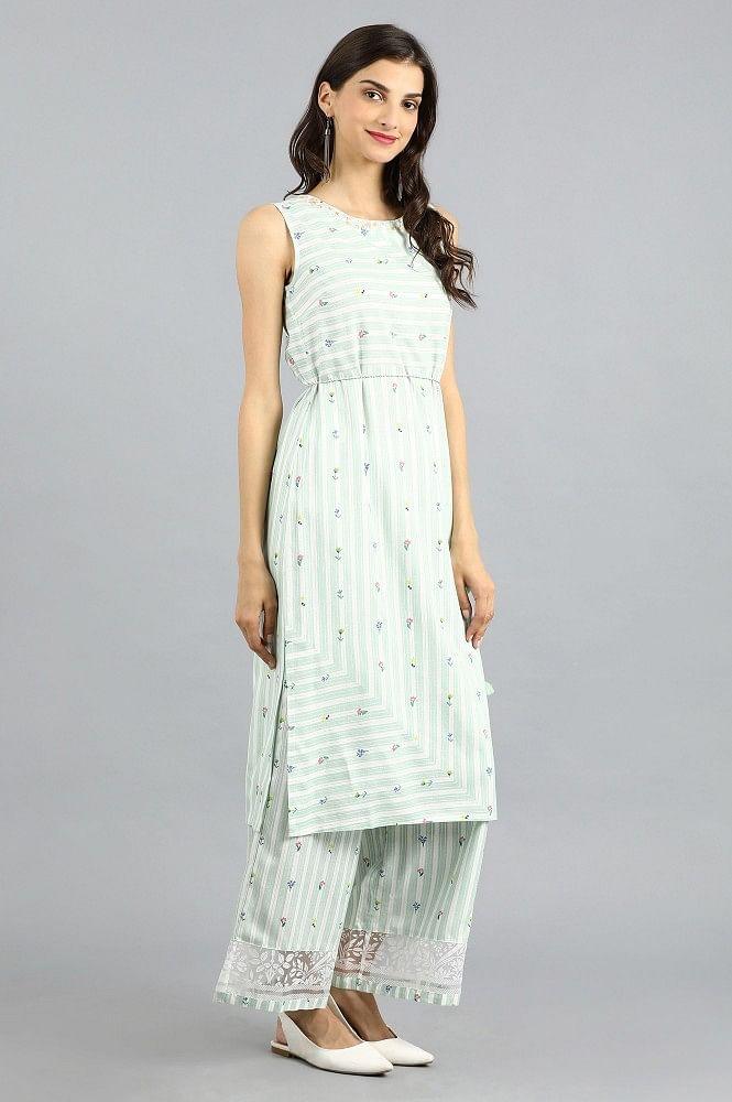 Green Round Neck Printed kurta - wforwoman