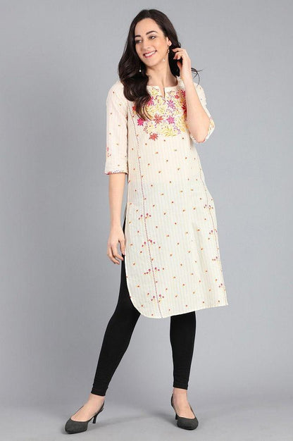 Yellow Round Neck Printed kurta - wforwoman