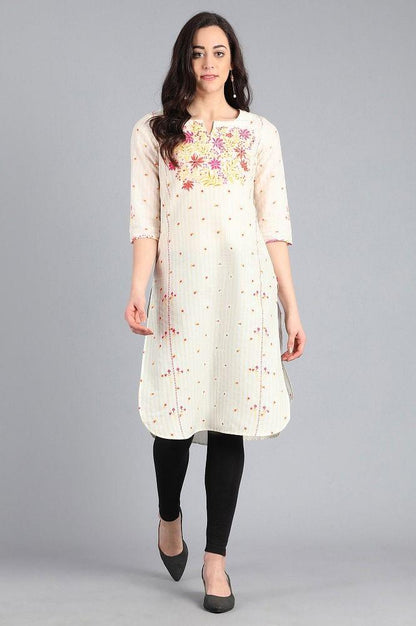 Yellow Round Neck Printed kurta - wforwoman