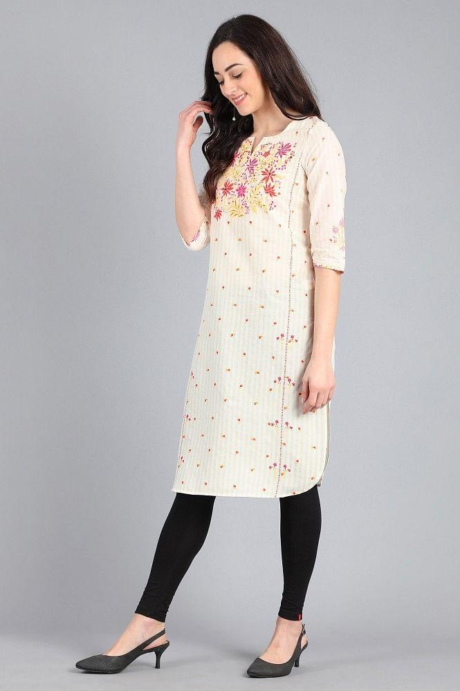 Yellow Round Neck Printed kurta - wforwoman