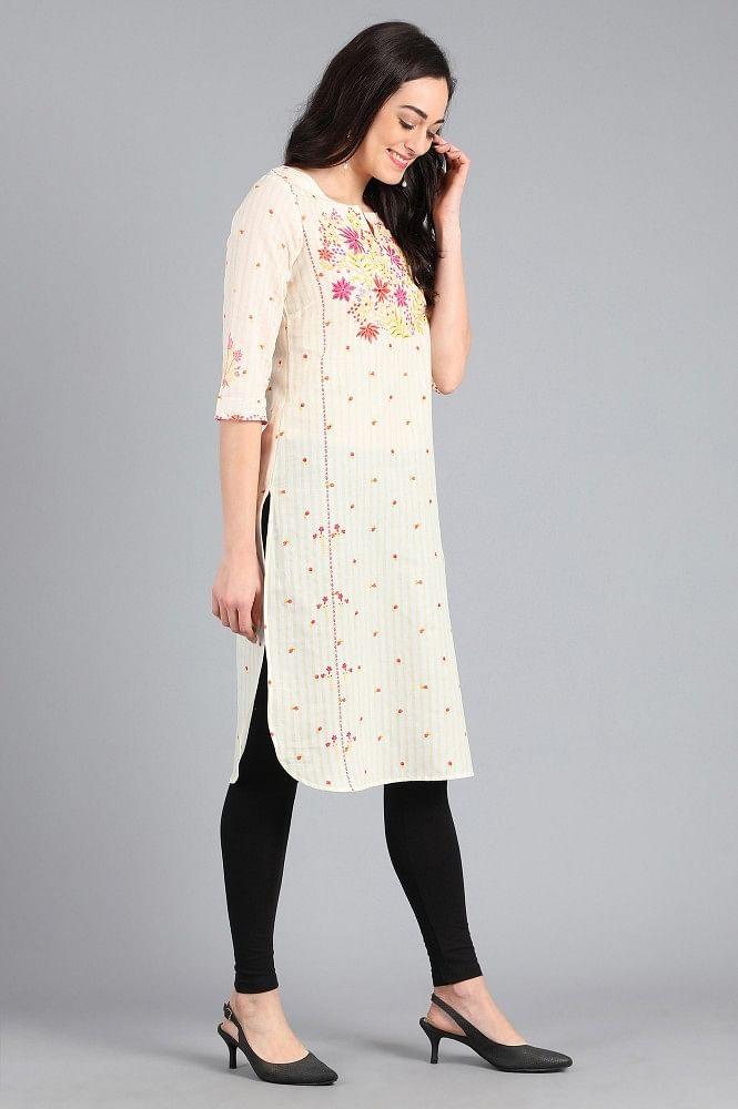 Yellow Round Neck Printed kurta - wforwoman