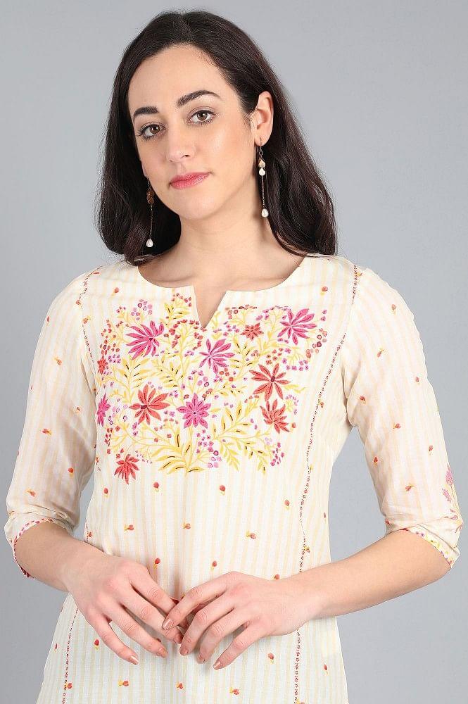 Yellow Round Neck Printed kurta - wforwoman