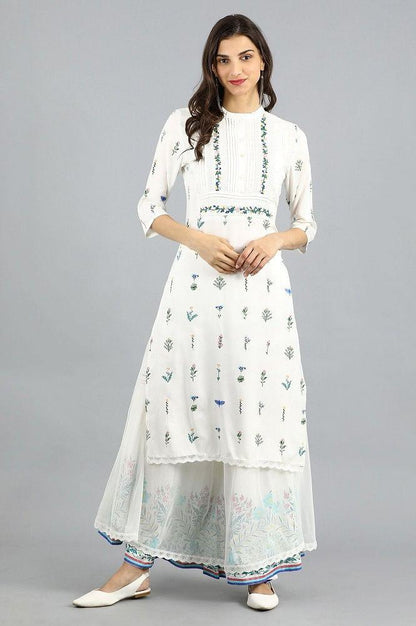 White Mandarin Neck Printed kurta - wforwoman