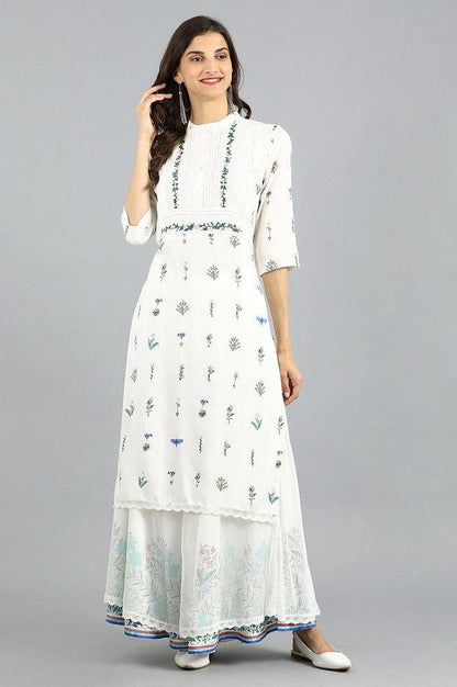 White Mandarin Neck Printed kurta - wforwoman