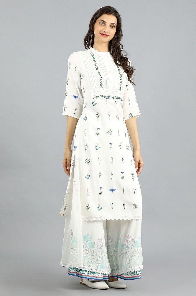 White Mandarin Neck Printed kurta - wforwoman