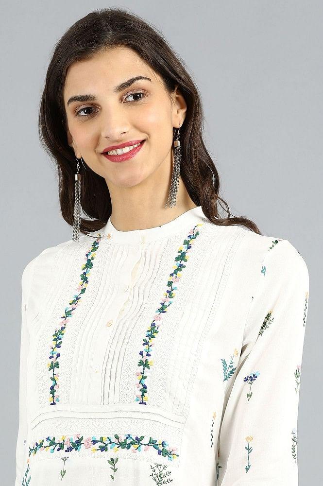 White Mandarin Neck Printed kurta - wforwoman