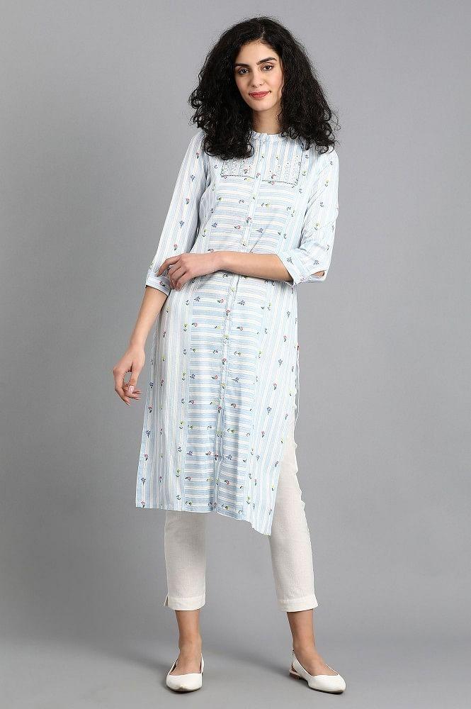 Blue Mandarin Neck Printed kurta - wforwoman