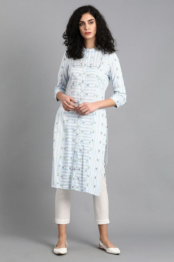 Blue Mandarin Neck Printed kurta - wforwoman