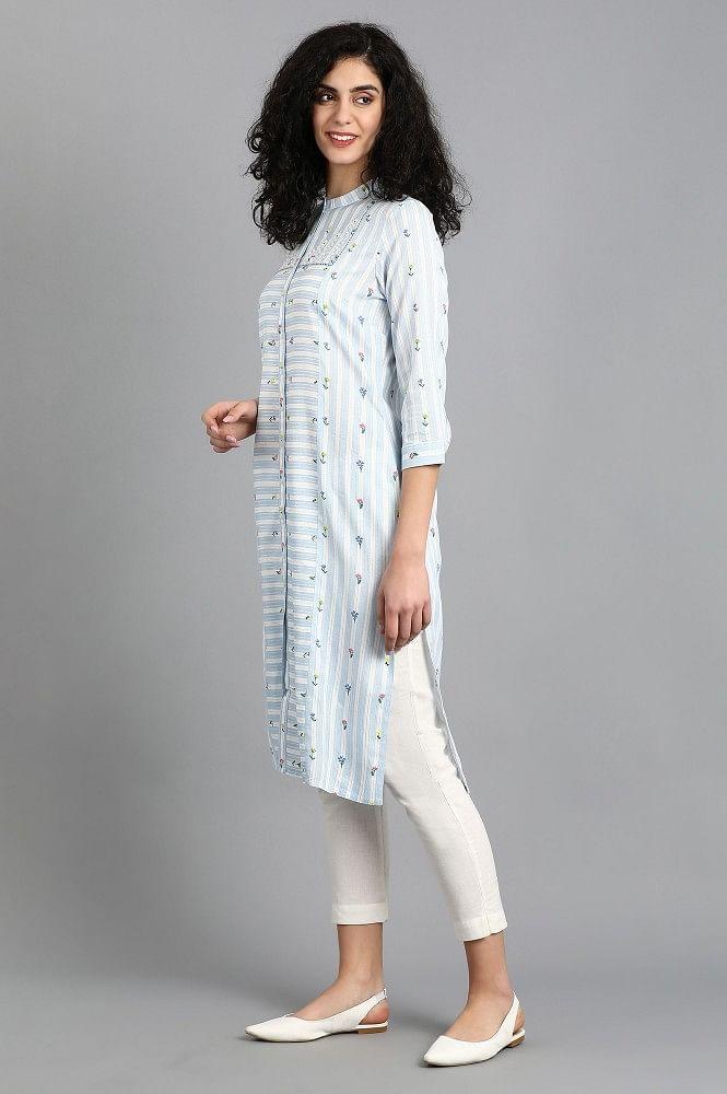 Blue Mandarin Neck Printed kurta - wforwoman