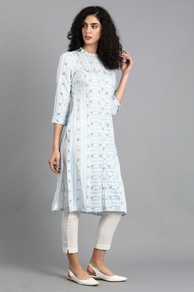 Blue Mandarin Neck Printed kurta - wforwoman