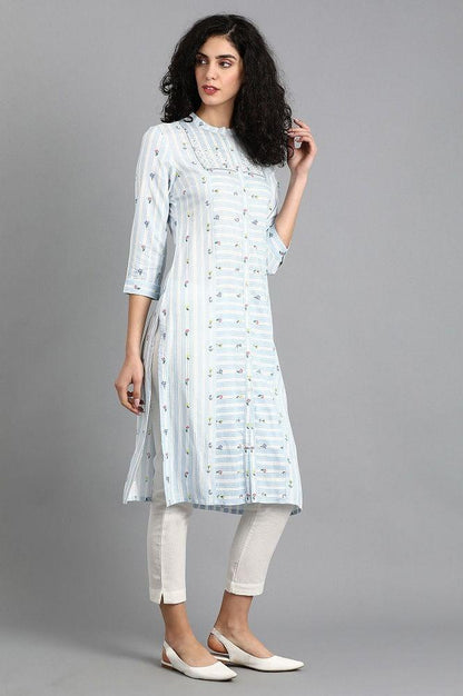 Blue Mandarin Neck Printed kurta - wforwoman