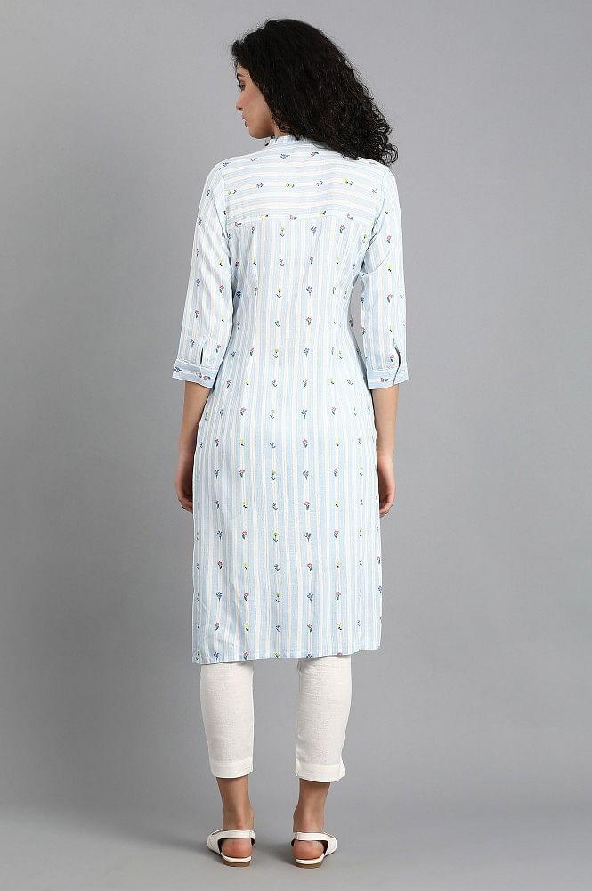 Blue Mandarin Neck Printed kurta - wforwoman