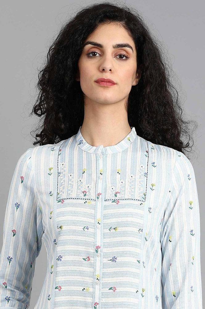 Blue Mandarin Neck Printed kurta - wforwoman