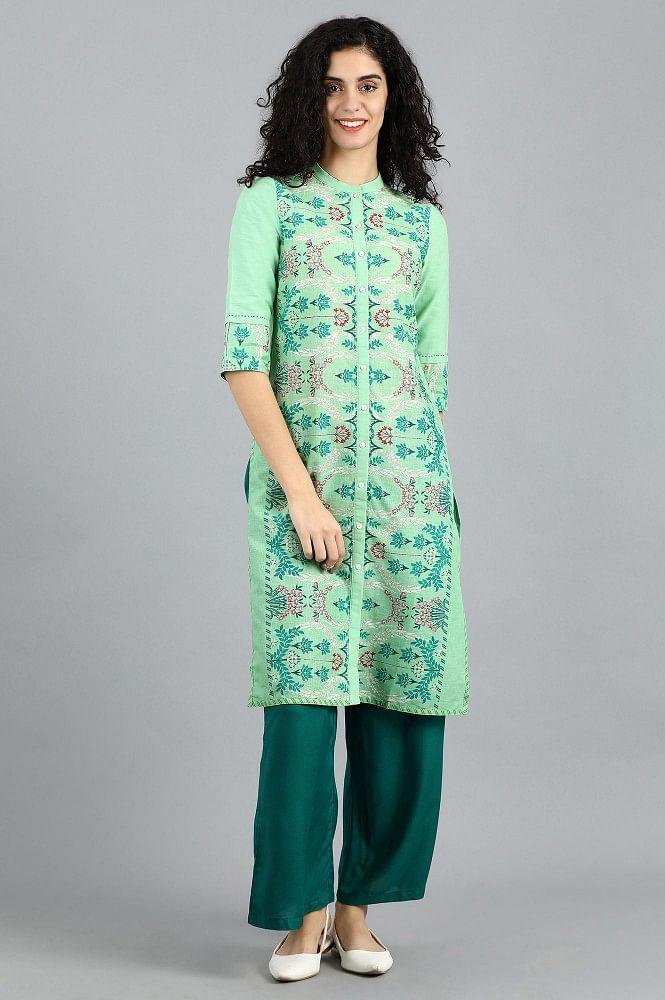 Green Mandarin Neck Printed kurta - wforwoman