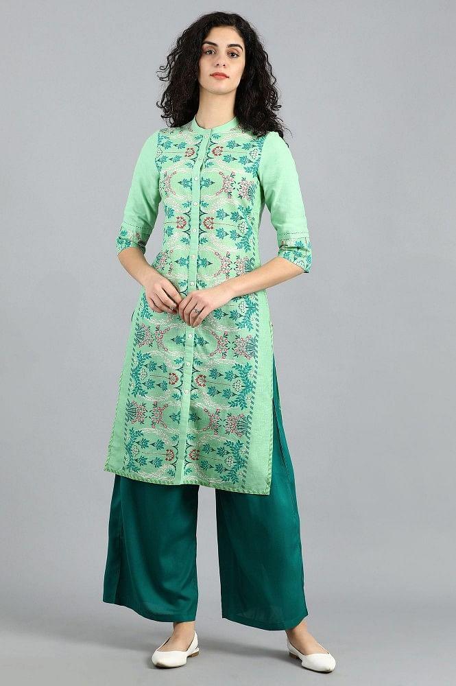 Green Mandarin Neck Printed kurta - wforwoman