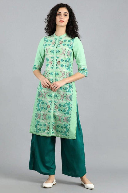 Green Mandarin Neck Printed kurta - wforwoman