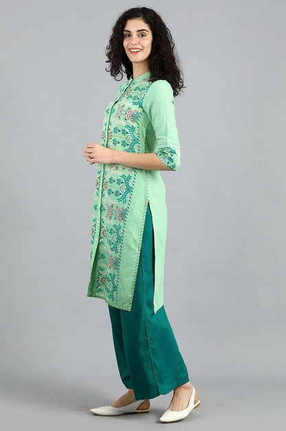 Green Mandarin Neck Printed kurta - wforwoman