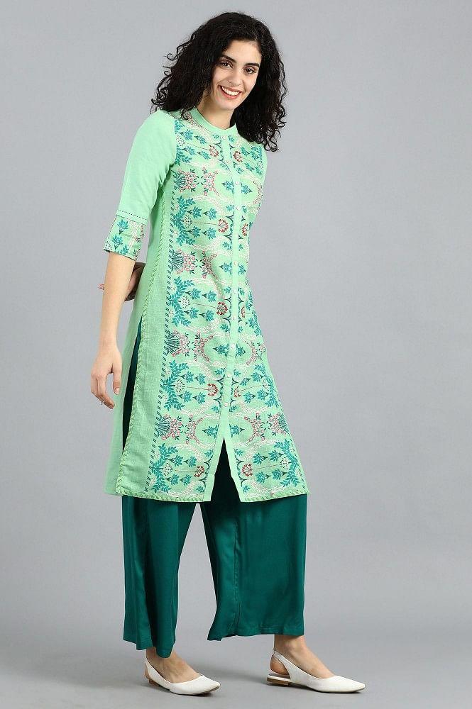 Green Mandarin Neck Printed kurta - wforwoman