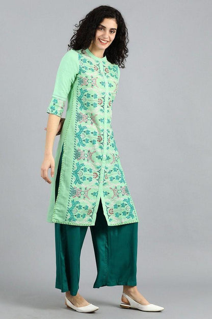 Green Mandarin Neck Printed kurta - wforwoman