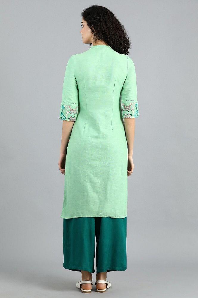 Green Mandarin Neck Printed kurta - wforwoman