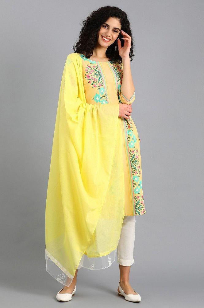 Yellow Round Neck Printed kurta - wforwoman