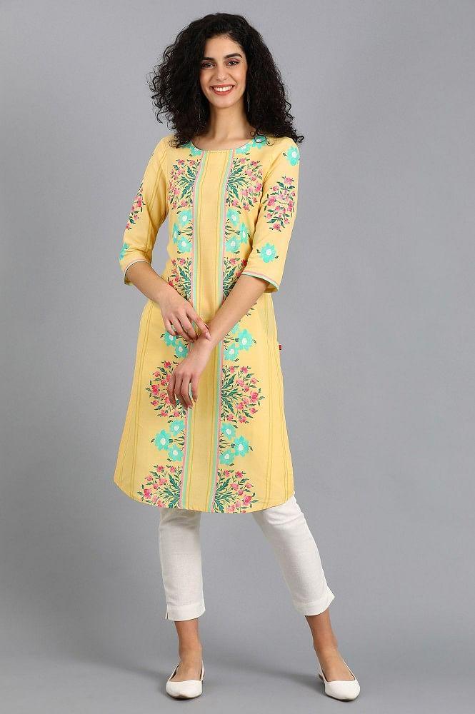 Yellow Round Neck Printed kurta - wforwoman