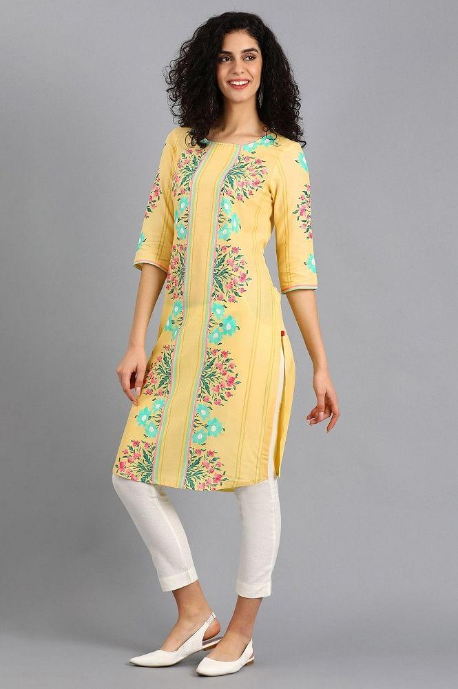 Yellow Round Neck Printed kurta - wforwoman