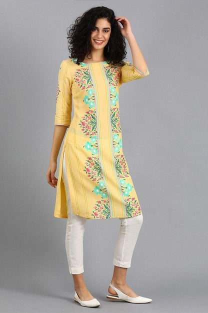 Yellow Round Neck Printed kurta - wforwoman