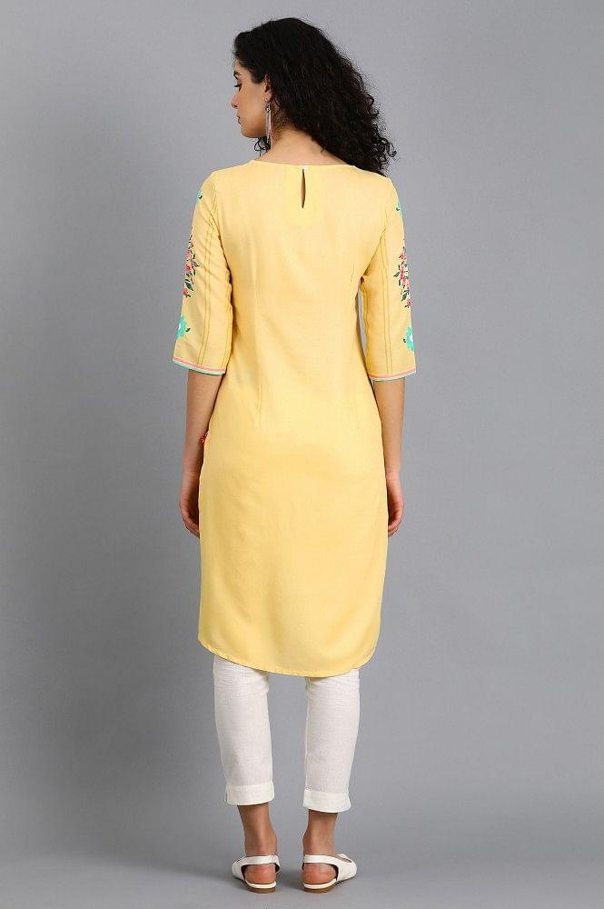 Yellow Round Neck Printed kurta - wforwoman