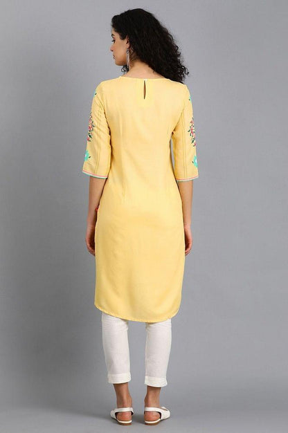 Yellow Round Neck Printed kurta - wforwoman