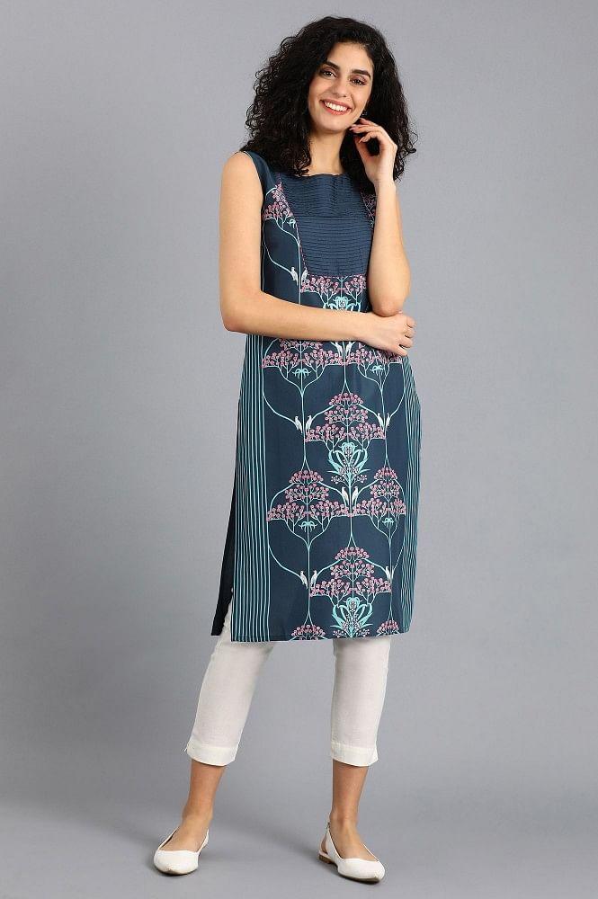 Blue Round Neck Printed kurta - wforwoman