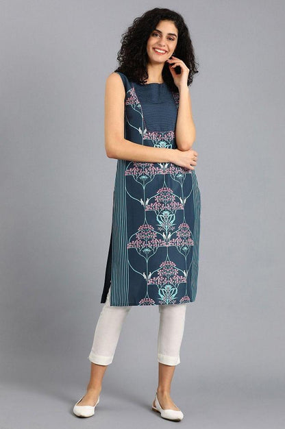 Blue Round Neck Printed kurta - wforwoman