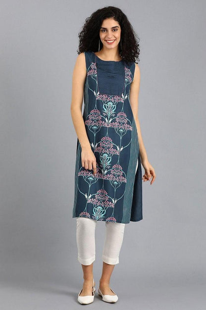 Blue Round Neck Printed kurta - wforwoman