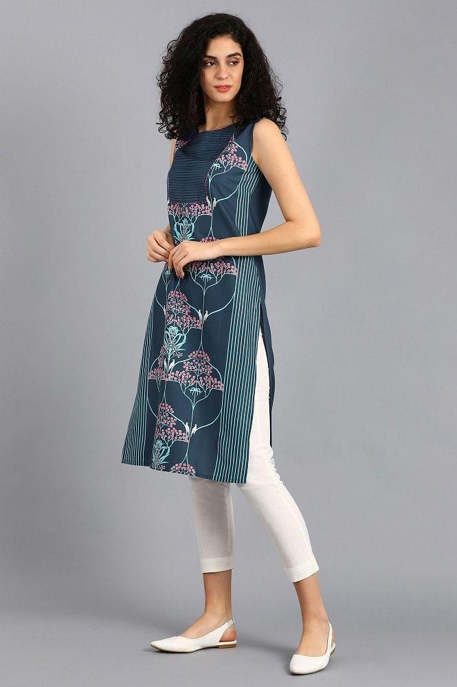 Blue Round Neck Printed kurta - wforwoman