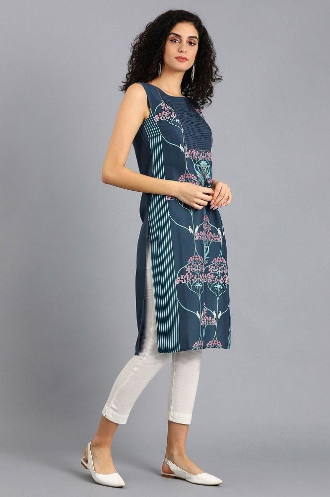 Blue Round Neck Printed kurta - wforwoman