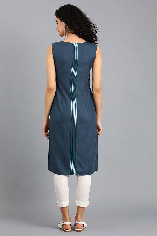 Blue Round Neck Printed kurta - wforwoman