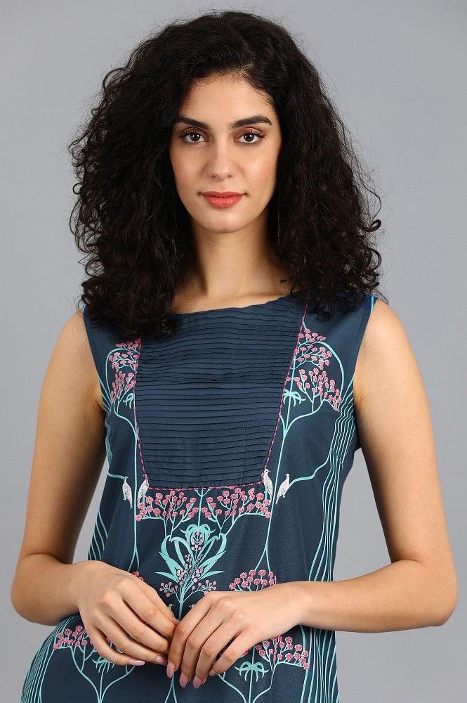 Blue Round Neck Printed kurta - wforwoman