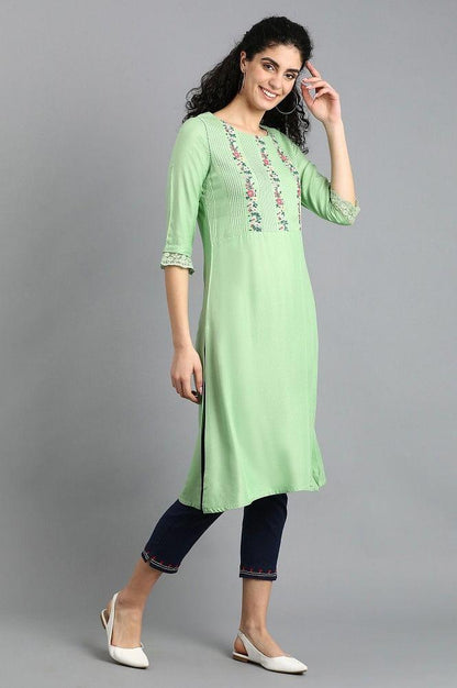 Green Round Neck Floral kurta - wforwoman