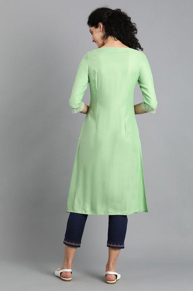 Green Round Neck Floral kurta - wforwoman