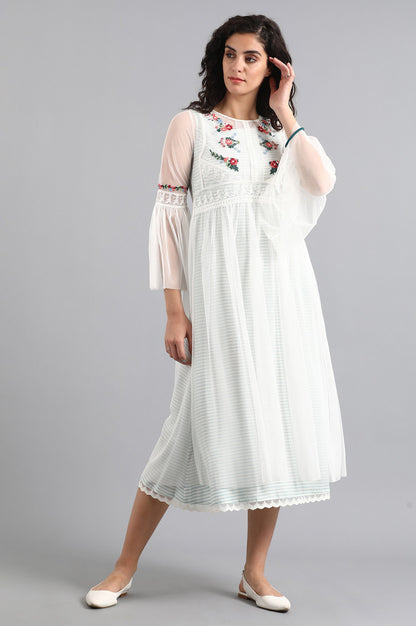 White Round Neck Floral Embroidered Dress