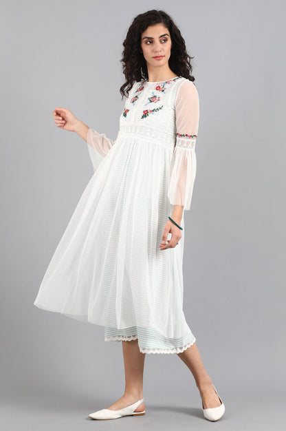 White Round Neck Floral Embroidered Dress