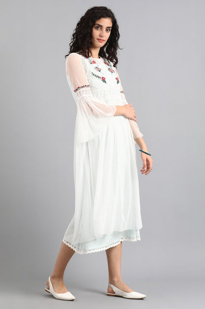 White Round Neck Floral Embroidered Dress