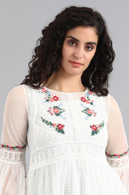 White Round Neck Floral Embroidered Dress