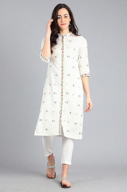 White Mandarin Neck Printed kurta - wforwoman