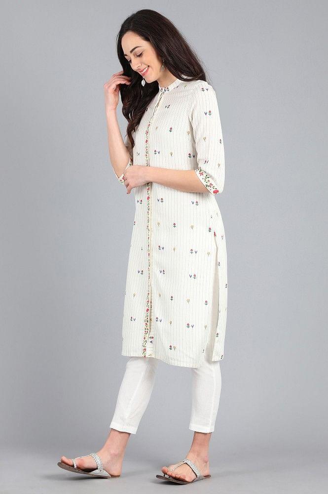 White Mandarin Neck Printed kurta - wforwoman